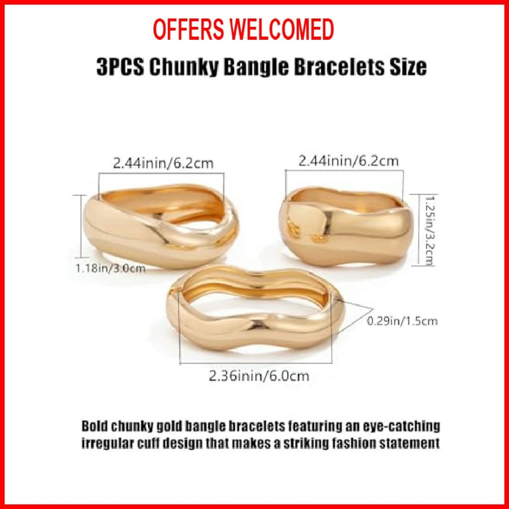 Chunky Gold Alloy Bangles Stackable Statement Bra… - image 5